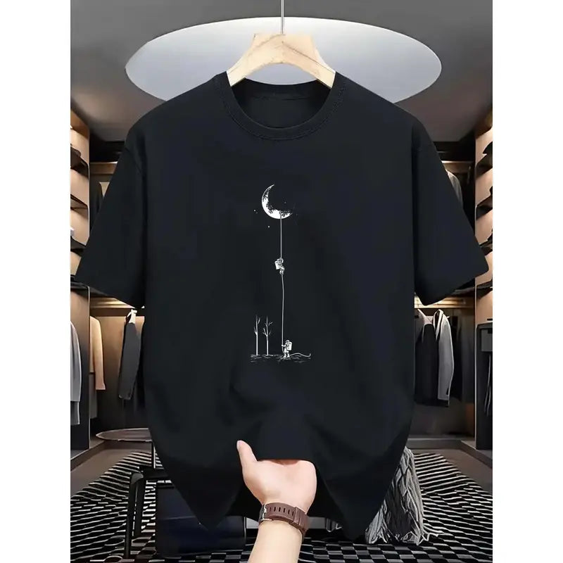 Menswear Regular Fit Round Neck Short Sleeve Printed T-Shirt - Comfortable, Stretchy, Lightweight Fabric, Digital Print Moon Landing Graphic, Customized All-Season Golf Gift Top - Black, Burgundy, Dark Green, Blue, Grey (Do Not Bleach)
