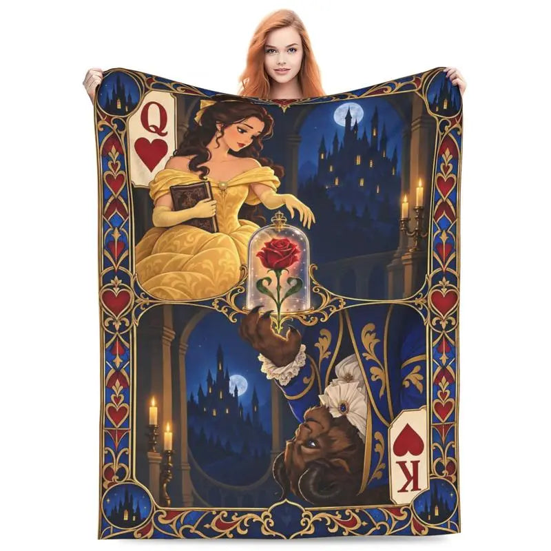 Disney Beauty and the Beast Playing Card Queen & King Graphic Throw Blanket Vintage Fleece Holiday Gift 60x80