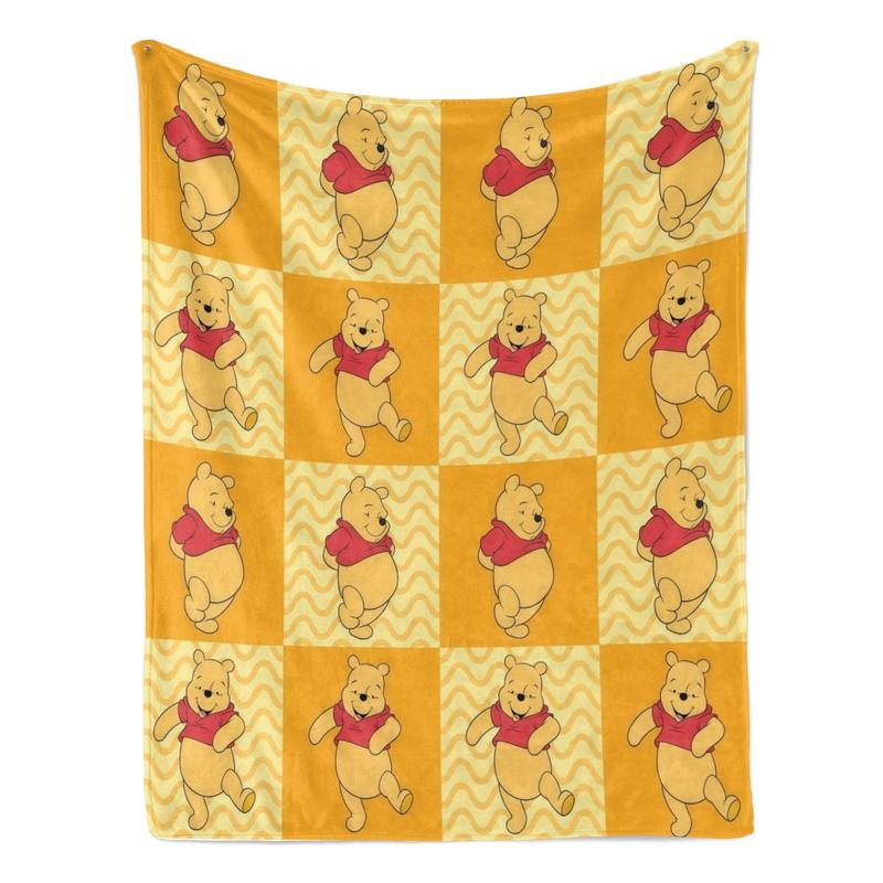 Disney Winnie the Pooh Cartoon Character Print Fluffy Soft Blanket - Flannel Fabric Cotton Blend, Bedroom Sofa Blanket, Multi-Purpose for Bed/Couch, Vintage Checkered Waves Anti-Fade Fleece Throw