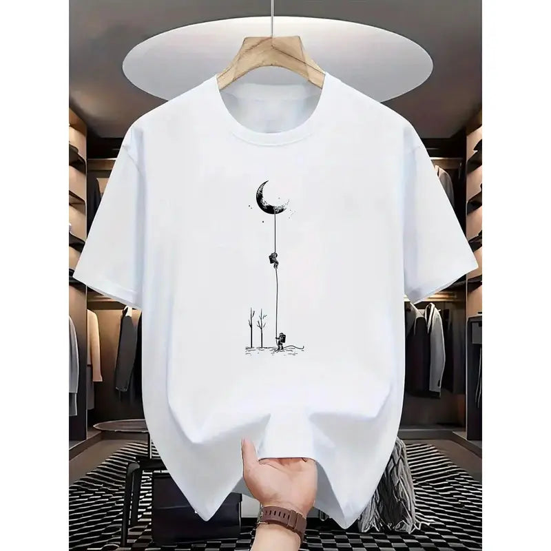 Menswear Regular Fit Round Neck Short Sleeve Printed T-Shirt - Comfortable, Stretchy, Lightweight Fabric, Digital Print Moon Landing Graphic, Customized All-Season Golf Gift Top - Black, Burgundy, Dark Green, Blue, Grey (Do Not Bleach)