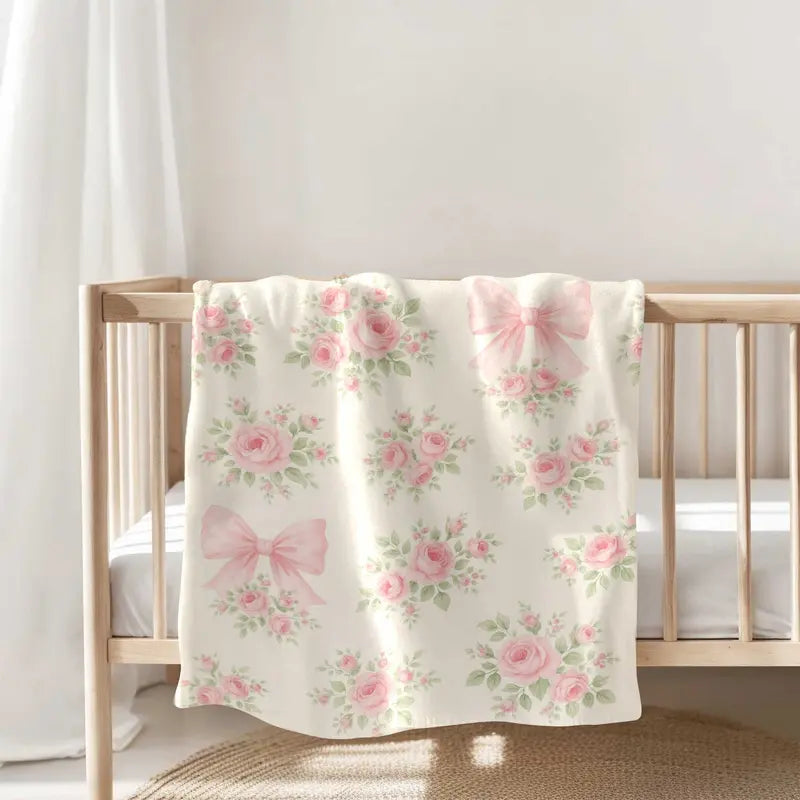 1pc 280GSM Large Flannel Throw Blanket - Pink Rose, Pink Bow, Green Leaf Art Print, Adorable Afghan Style Fluffy Blanket - Warm Bedding, Sofa Textile Throw, Throw Blankets, Fluffy Blankets
