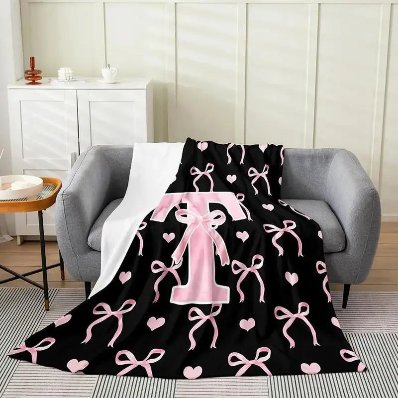 Classic Soft Flannel Throw Blanket - A-Z Initial Alphabet Print, 30x40 to 60x80 in, Black Blush Pink Design, Custom Monogrammed, Soft Texture, Durable All-Season Bedding for Bedroom, Gifts for Women, GF Gift