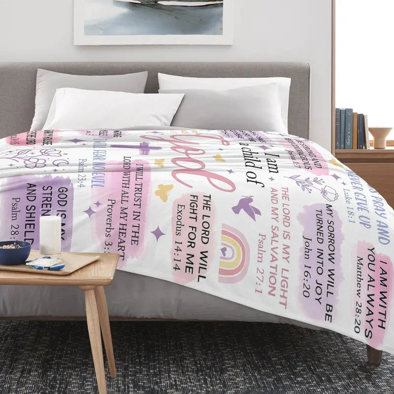 Durable Printed Flannel Blanket (60x80 in) - Faith-Based "I Am A Child Of God" Bible Quote Collage, Pastel Watercolor Religious Print, Plush Fabric, Blankets for Sofa, Girl Room Decor, Cute Girly Back to School Gift