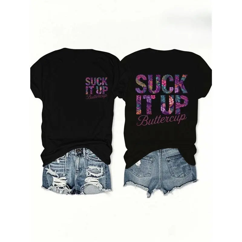 Customized Menswear Men's Cotton Round Neck Short-Sleeve T-Shirt - Double-Sided Sarcastic "Suck It Up Buttercup" Quote, Floral Pattern, Edgy Boho Sassy Attitude Casual Top, Pull-On, Machine Washable, No Bleach, Outdoor Wear, Graphic