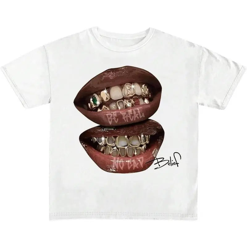 Men's Lips Print Fitted Cut Graphic T-Shirt - Casual Round Neck Short Sleeve Vintage Drop Shoulder Summer Going Out Menswear Top
