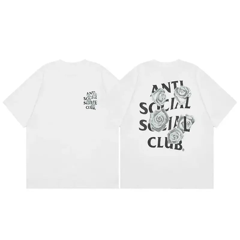 Anti Social Social Club "White Roses" Customized Round Neck Shortsleeve Cotton Graphic Tshirt - Bold Floral Design Streetwear Outfits Top, 100% Cotton Unisex Cut, Medium Length, Textured Knit, Casual Menswear, Machine Washable