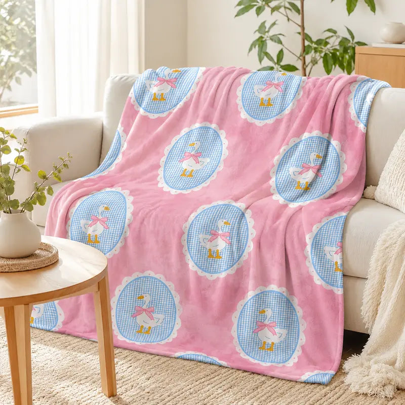 Pink Gingham White Goose Bow Lace Frame Coquette Flannel Throw Blanket, Soft Fuzzy Plush Blanket for Couch Bed Nursery, All Season Cozy Warm, Sweet Baby Shower Gift for Girls, Pastel Cottagecore Farm Animal Aesthetic Bedroom Living Room Home Decor