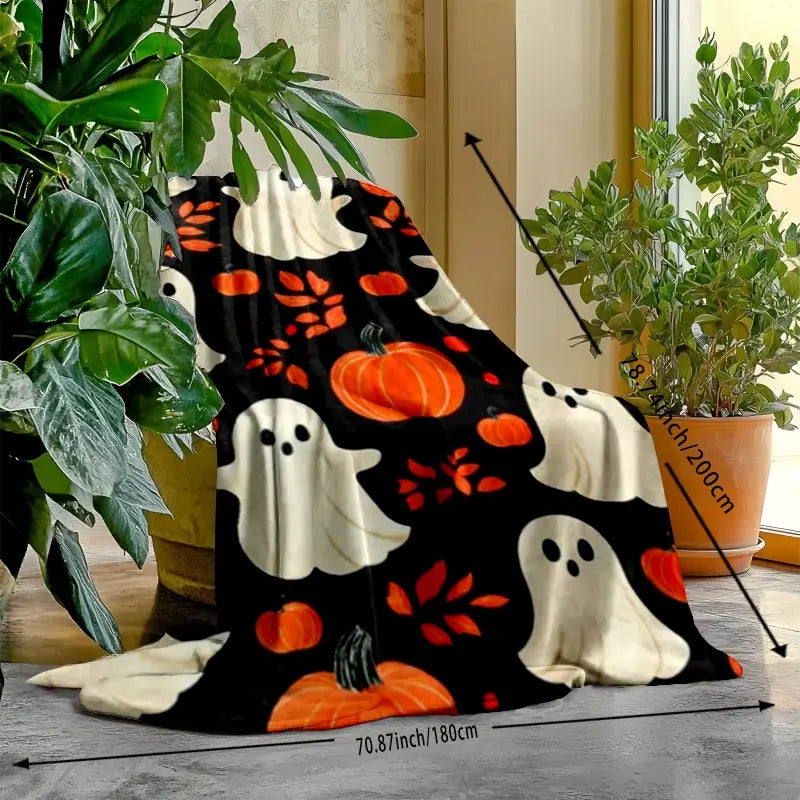 Halloween Pumpkin Skull Flannel Blanket, Digital Print Throw Cover, Air Conditioning Blanket, Nap Blanket, Ghost Face Blanket, Car/camping Multi-Functional Cozy Warm Blanket, Printed Blankets, Blanket Gifts