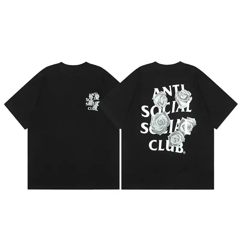 Anti Social Social Club "White Roses" Customized Round Neck Shortsleeve Cotton Graphic Tshirt - Bold Floral Design Streetwear Outfits Top, 100% Cotton Unisex Cut, Medium Length, Textured Knit, Casual Menswear, Machine Washable