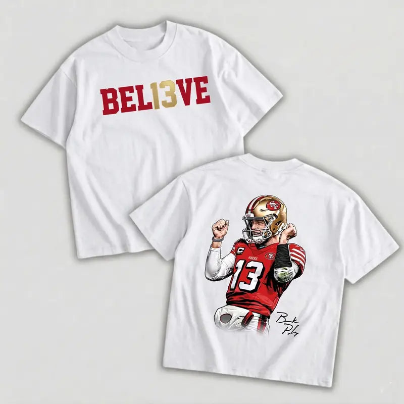 Red Number 13 Believe Purdy Football Graphic T-Shirt, Quarterback Game Day Tee, Two-Sided Unisex Sports Fan Shirt