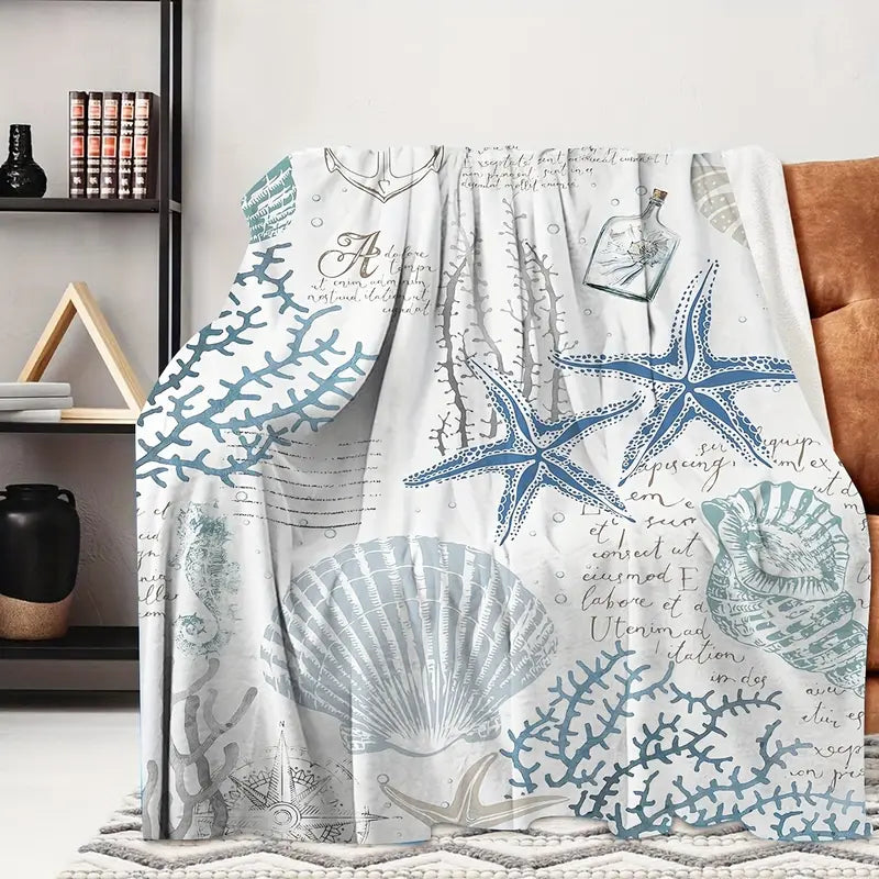 A modern ocean-themed blanket - machine washable flannel with coastal print featuring shells and corals - soft and comfortable multi-purpose blanket suitable for travel, camping, home decor - ideal gift for all seasons80