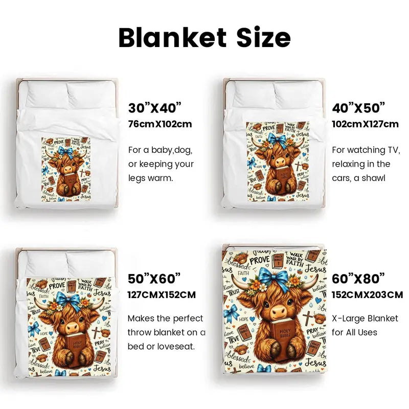 Cute Highland Cow Christian Fleece Throw Blanket (60x80 in), Holy Bible Walk By Faith Religious Decor, Cozy Lightweight Plush Blanket for Bedroom, Inspirational Gift for Farm-Lovers