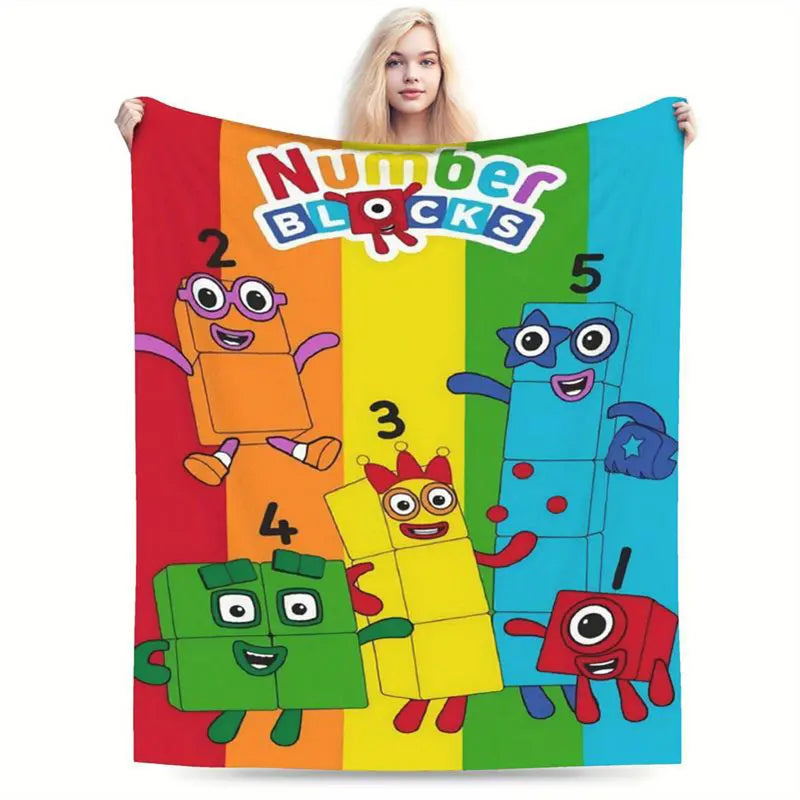 Colorful Cartoon Number Blocks Flannel Throw Blanket - Soft, Cozy, and Playful Design with Numbered Characters, Perfect for Home Decor and Casual Use, Allseason Comfort | Vibrant Throw
