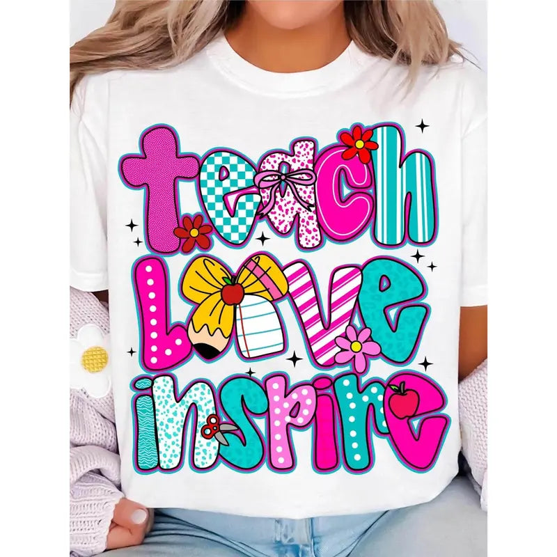 Women's Fitted Round Neck Short-Sleeve Cotton T-Shirt - Customized All Over Print Teach Love Inspire Graphic Top, Breathable Softness Casual Chic, Pink Educator Gift, All-Season Streetwear