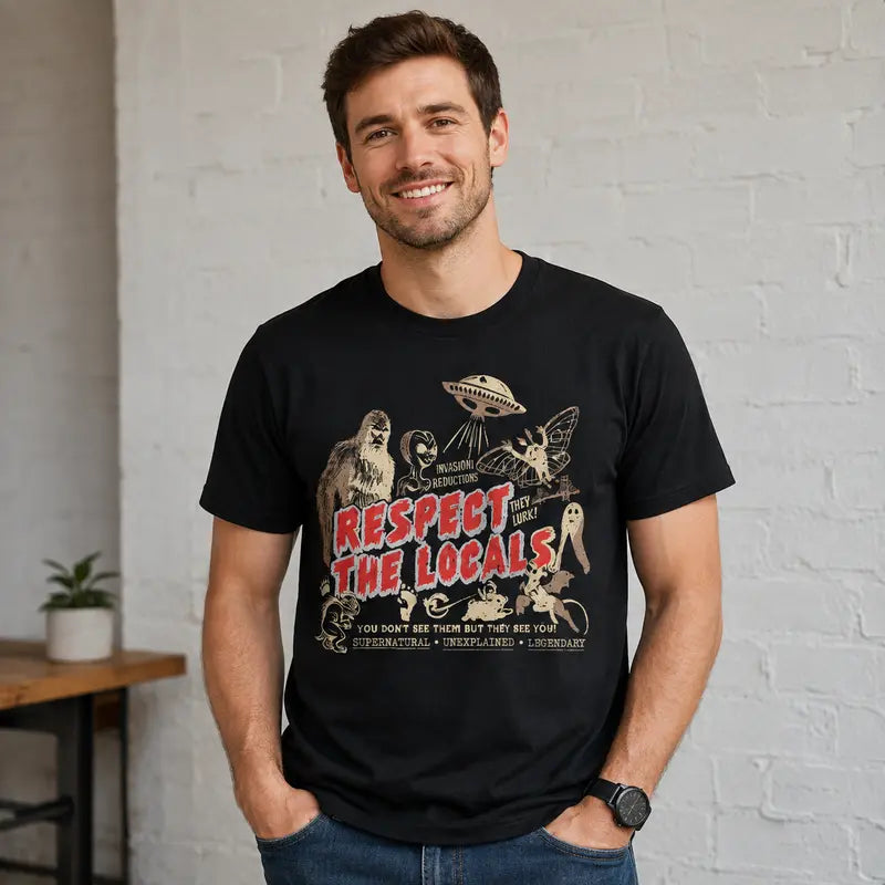 Men's 100% Cotton Fitted Round Neck Shortsleeve Casual Menswear T-Shirt - Custom Respect The Locals Cryptids Folklore Funny Alien Print, Vintage Black, Everyday Wear