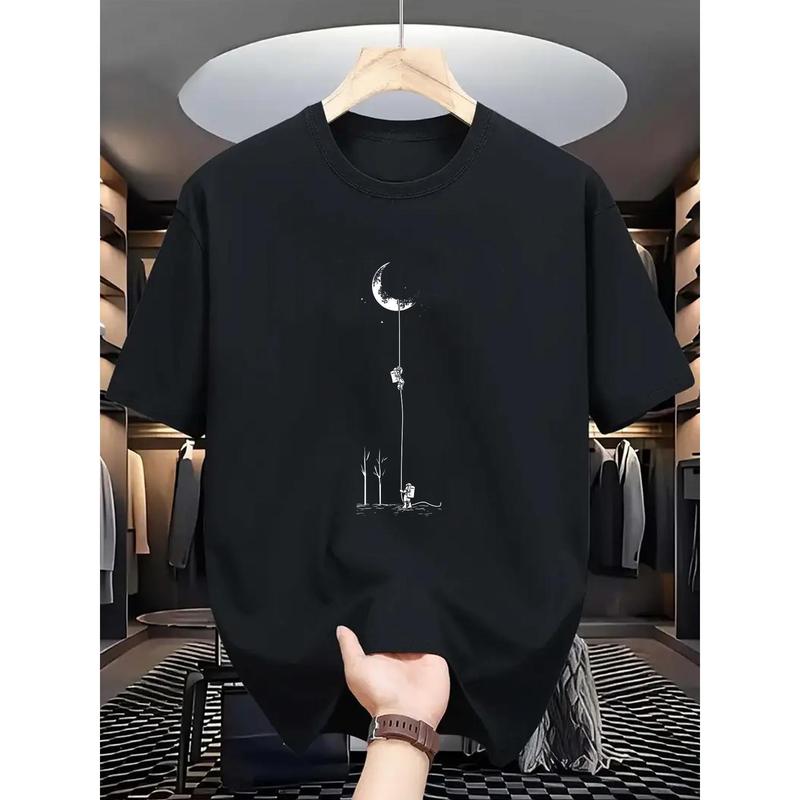 Menswear Regular Fit Round Neck Short Sleeve Printed T-Shirt - Comfortable, Stretchy, Lightweight Fabric, Digital Print Moon Landing Graphic, Customized All-Season Golf Gift Top - Black, Burgundy, Dark Green, Blue, Grey (Do Not Bleach)