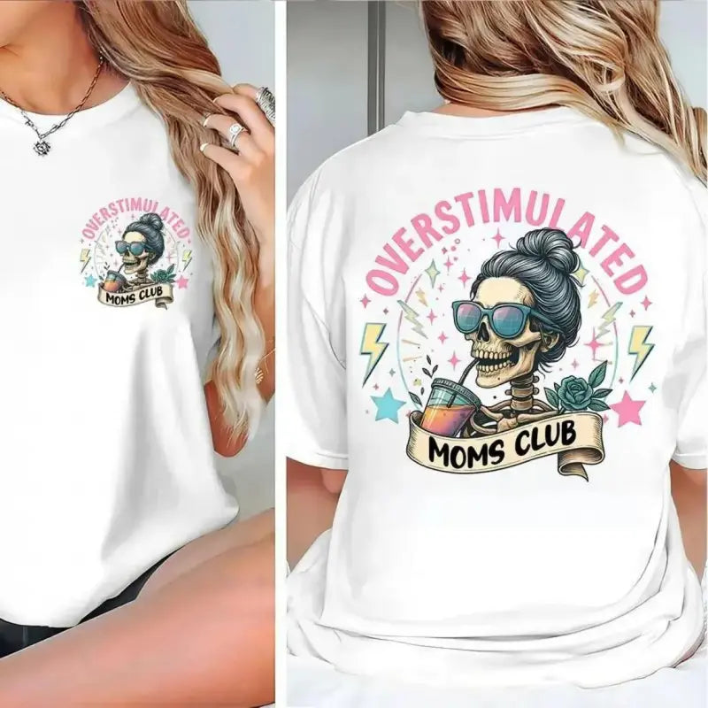 Customized Menswear Men's Cotton Crew Neck Short-Sleeve Tshirt - 2-Sided Skeleton Graphic Print, Overstimulated Moms Club Print, All Season Casual Top, Mother's Day Gift