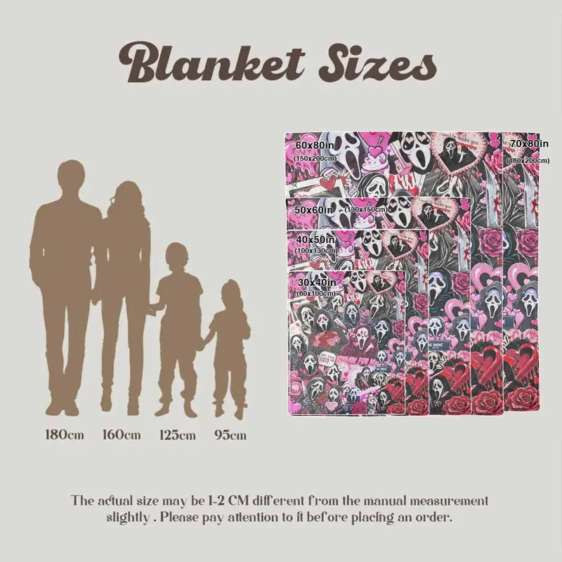 Valentine Ghost Motif Flannel Throw Blanket - Romantic Horror Art Print, Breathable Soft, Wrinkle-Resistant, Anti-Pilling, Lightweight, Machine Washable, Durable Decorative Sofa Blanket, Multi-Size Home/Sofa Accessory, Cozy Gift for Horror-Romance Lovers