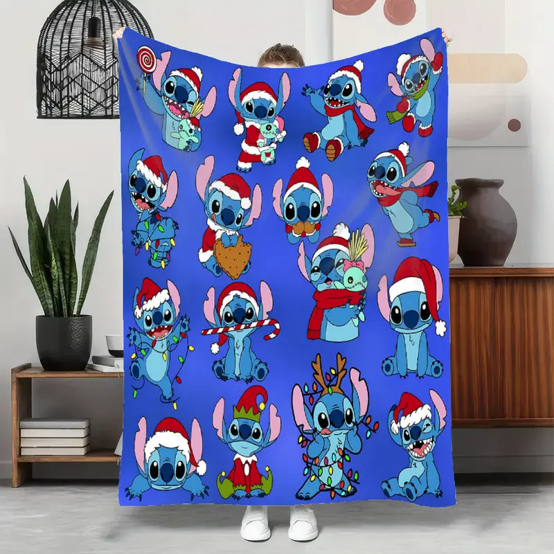 [SummerVibes] DISNEY CLASSIC Christmas Stitch Blanket, Super Soft Cartoon Lilo & Stitch Throw Blanket with Holiday Santa Hat Design, Cozy Plush Blanket for Sofa Bed Couch Christmas Decor Gifts