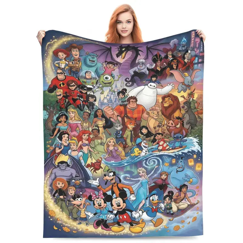 Disney Character Mashup Comfort Fleece Throw Blanket - Classic Cute Cartoon Graphic, Anti-Fade Print, Princess Fairy Tale Design, for Bed & Couch, Christmas Gifting