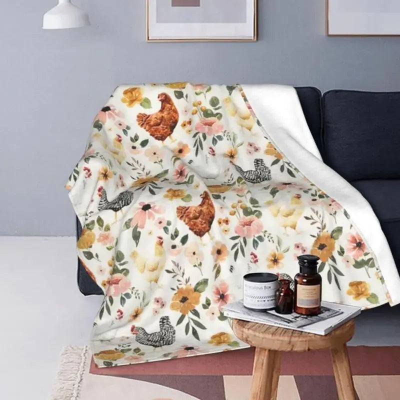 Soft Comfortable Funny Floral Chicken Flannel Throw Blanket,Farmhouse Hen Rooster Print Cozy Lightweight Blanket Rustic Country Farm Animal Couch Bed Sofa Decor,Christmas Holiday Gift for Chicken Lovers Women Girls