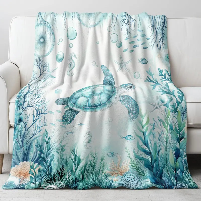 Sea Turtle Soft Fluffy Lightweight Flannel Fleece Cozy Blanket - 1-Sided Print with Plain White Back, Christmas Thanksgiving Valentine Theme, Travel-Ready Throw, Bed Sofa Use, Festive Adult Gift, Soft Warm Blanket for Cozy Space