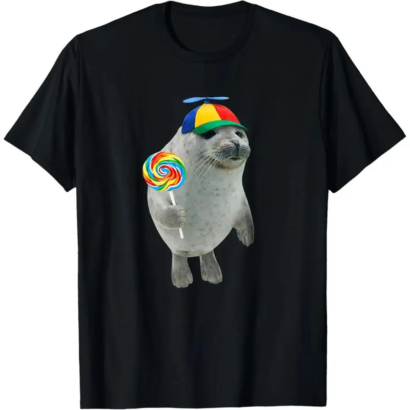 Men's Pure Cotton Oversized Vintage Meme Graphic T-Shirt - Silly Seal with Lollipop Print, Round Neck, Short-Sleeve, Breathable, Casual Customized Menswear Top