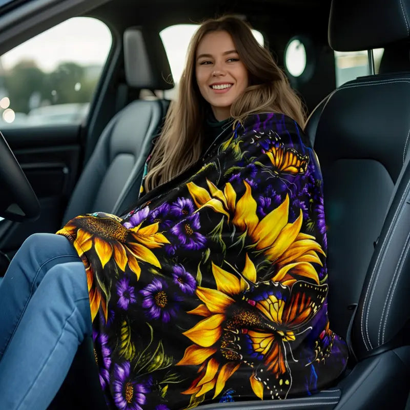 Digital Printed Sunflower Nature Art Graphic Throw Blanket - 100% Polyester, Traditional Style, Wrinkle Resistant, Flannel Finish, AC-Room Breathable, Multi-Size, Lightweight Drape, Soft, Warm, All-Season Aesthetic Throw Blankets for Bedrooms, Sofas
