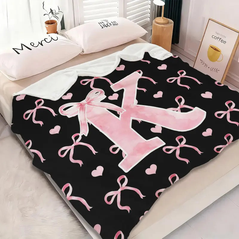 Classic Soft Flannel Throw Blanket - A-Z Initial Alphabet Print, 30x40 to 60x80 in, Black Blush Pink Design, Custom Monogrammed, Soft Texture, Durable All-Season Bedding for Bedroom, Gifts for Women, GF Gift