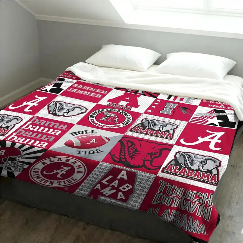 Alabama Crimson Tide Patchwork College Logo Blanket - High-Weight Flannel Fabric, Soft & Warm, No-Crease, Machine Washable Bedding, Blanket Gift, Ideal for Football Fans, No-Crease Blankets