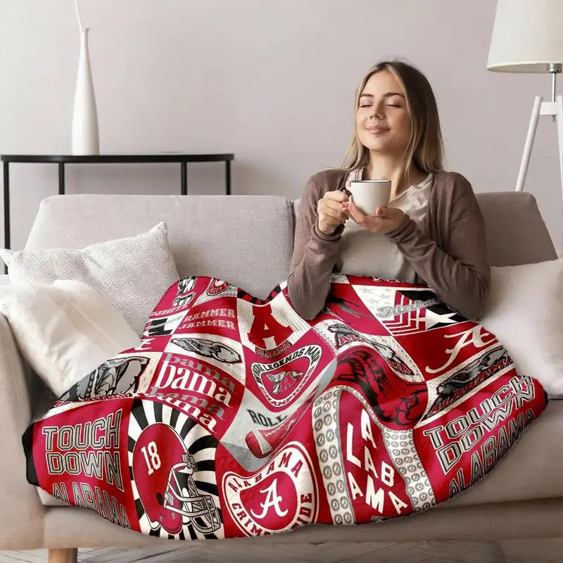 Alabama Crimson Tide Patchwork College Logo Blanket - High-Weight Flannel Fabric, Soft & Warm, No-Crease, Machine Washable Bedding, Blanket Gift, Ideal for Football Fans, No-Crease Blankets