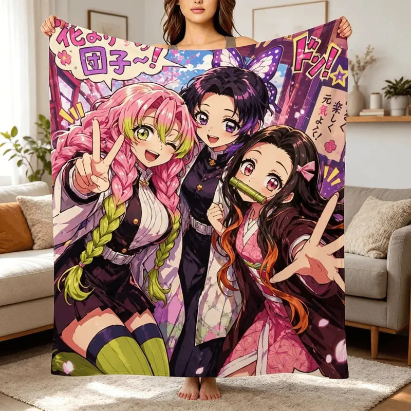 Demon Slayer Nezuko Shinobu Mitsuri Cute Anime Graphic Flannel Throw - Wrinkle Resistant Bed Sofa Cartoon Print Blanket for Child Anime Action Figure Fans Bedroom Gift