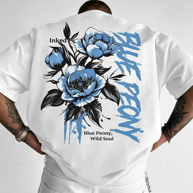 Menswear Cotton Customized Round Neck Graphic T-Shirt - American Streetwear Casual Top, Blue Peony Print, All Seasons, Regular Fit, Machine Washable, Do Not Bleach
