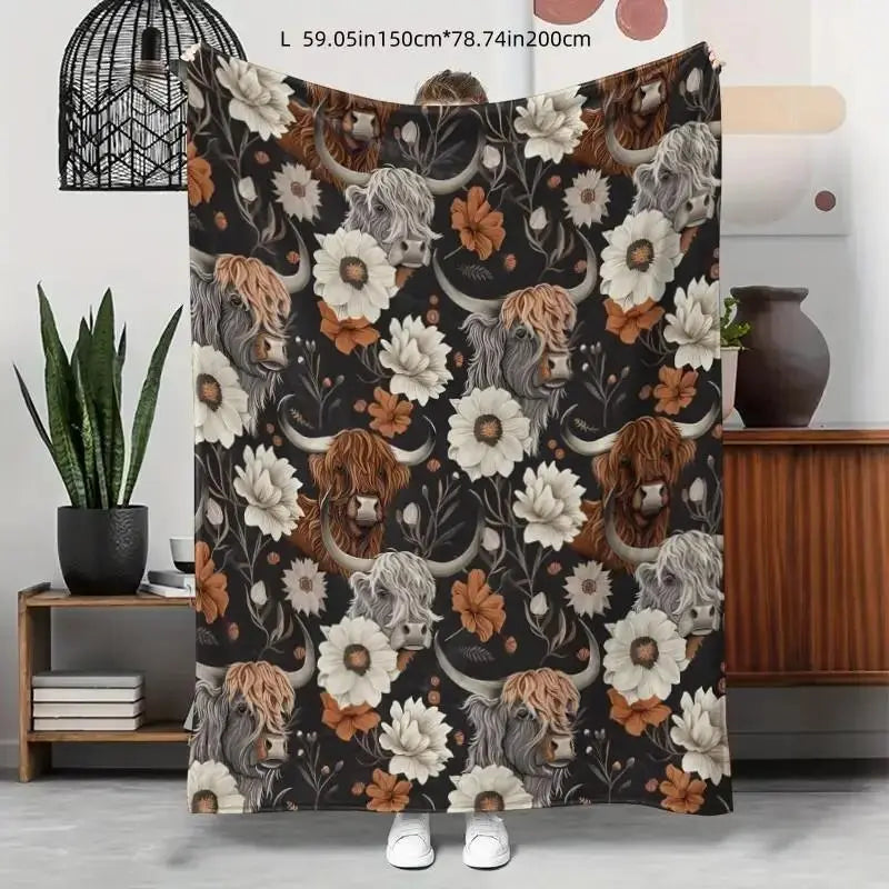 Floral & Cattle Print Throw Blanket, Cow Print Blanket, Soft Warm Napping Blanket, Air-conditioned Room Blanket, Bedroom Accessories, Home Office Travel Blanket