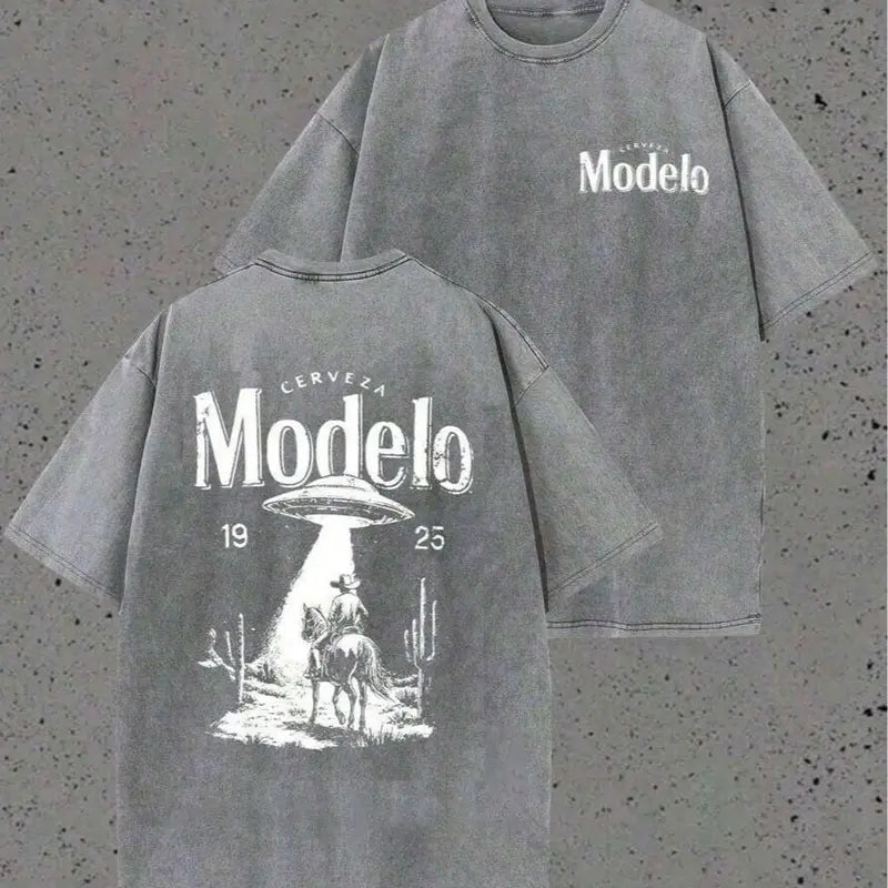 Men's 230g Heavyweight Vintage Washed Cotton Oversized Round Neck T-Shirt - Fabric, Cowboy UFO Desert Scene, Cerveza Modelo Letter Print, Retro UFO Graphic, Everyday Retro Streetwear Casual Short Sleeve Top, Gifts for Him