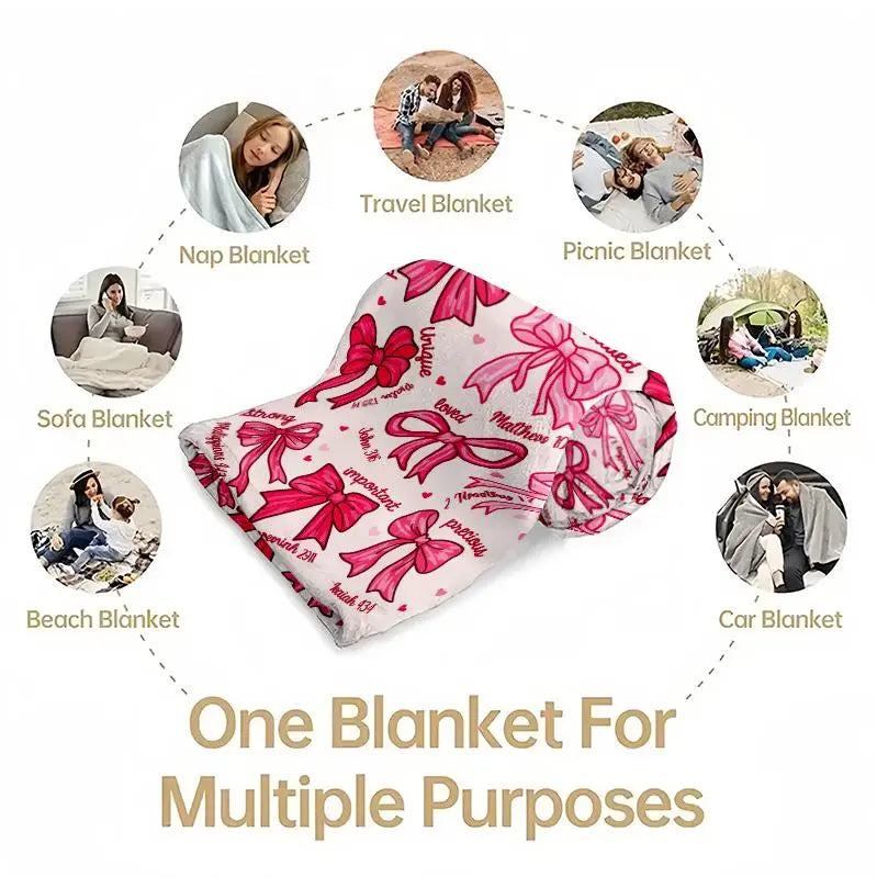 Bowknot Design Religious Fleece Blanket - Bible Verse Print "God Says I Am", All Seasons, Blush Pink Bow, Etiquette Style, Versatile Use Christian Gift for Girls, Home Sofa Bedroom Decor