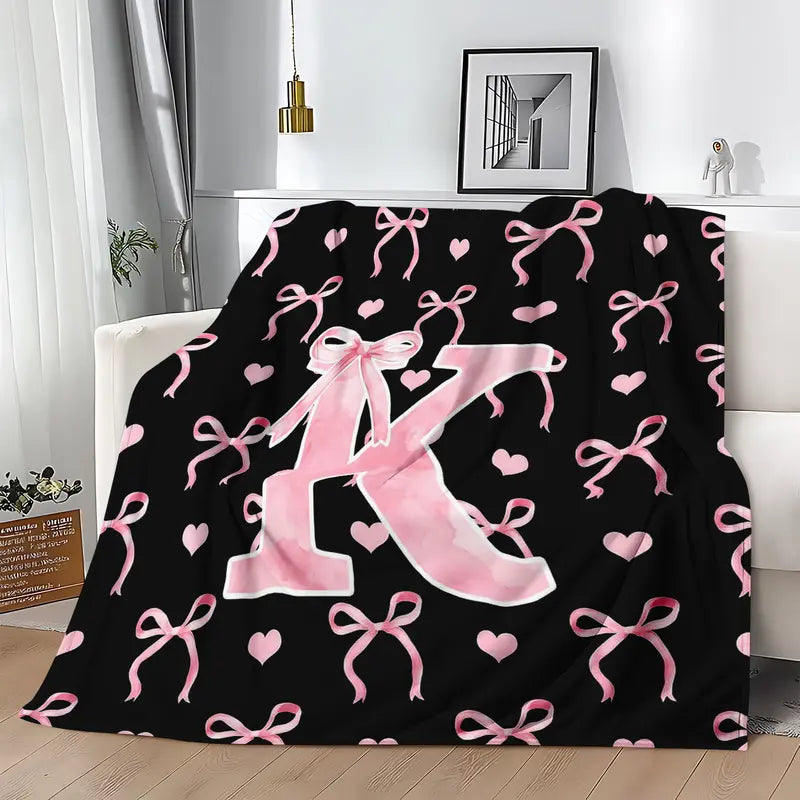 Classic Soft Flannel Throw Blanket - A-Z Initial Alphabet Print, 30x40 to 60x80 in, Black Blush Pink Design, Custom Monogrammed, Soft Texture, Durable All-Season Bedding for Bedroom, Gifts for Women, GF Gift