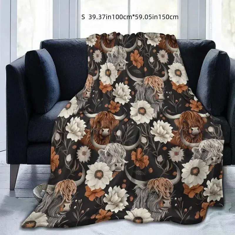 Floral & Cattle Print Throw Blanket, Cow Print Blanket, Soft Warm Napping Blanket, Air-conditioned Room Blanket, Bedroom Accessories, Home Office Travel Blanket