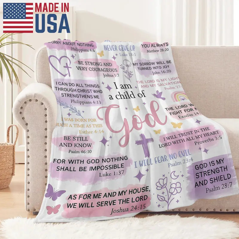 Durable Printed Flannel Blanket (60x80 in) - Faith-Based "I Am A Child Of God" Bible Quote Collage, Pastel Watercolor Religious Print, Plush Fabric, Blankets for Sofa, Girl Room Decor, Cute Girly Back to School Gift