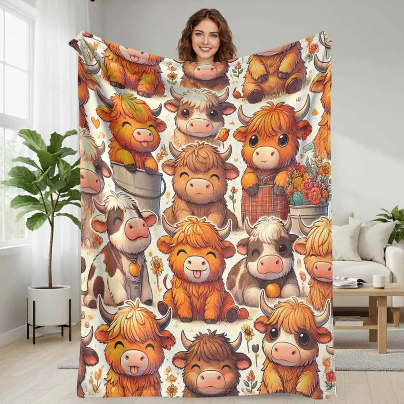 Highland Cow Flannel Blanket Cute Cartoon Cattle Print Soft Warm Cozy Lightweight Decorative Throw Perfect for Sofa Bedroom Office Picnic Camping Gift