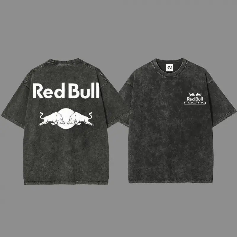Men's Washed Short-Sleeve Graphic T-Shirt - Unisex Vintage Preppy Print Cotton Clothes, Black White Racing Bull Head Starboy Geometric Designs, Minimalist Double-Sided Round Neck Casual Streetwear, Cool Gifts for Guys, Cold Machine Wash-Dry Clean, Vintage