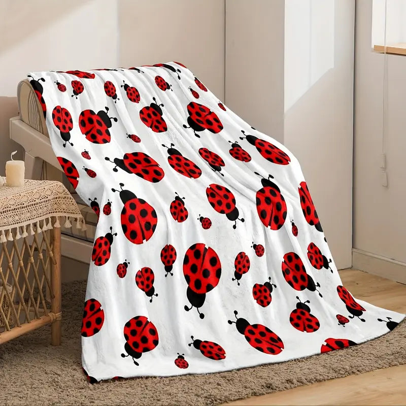 Retro Ladybug Print Polyester Flannel Blanket - Soft, Comfortable, Lightweight, Anti-Pilling, Breathable, 2-Sided All-Season Animal Style, Vivid Ladybug Art, Colorful Cartoon Bug-Themed, White with Red & Black Pattern for Sofa Napping, Home Gift