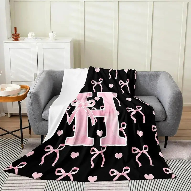 Classic Soft Flannel Throw Blanket - A-Z Initial Alphabet Print, 30x40 to 60x80 in, Black Blush Pink Design, Custom Monogrammed, Soft Texture, Durable All-Season Bedding for Bedroom, Gifts for Women, GF Gift