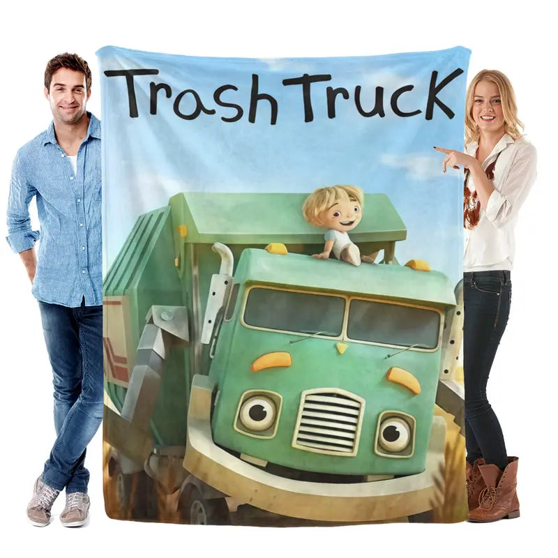 Adorable Animated 'Trash Truck' Flannel Blanket - 1 Piece, Soft Skin-Friendly Polyester, Cozy Aesthetic, Snug as a Bug in a Rug, Indoor Use, Cozy Warmth for Cold Nights, Ideal for Sofas & Beds, All-Season Bedding Gift, One Piece, Flannel Fabric