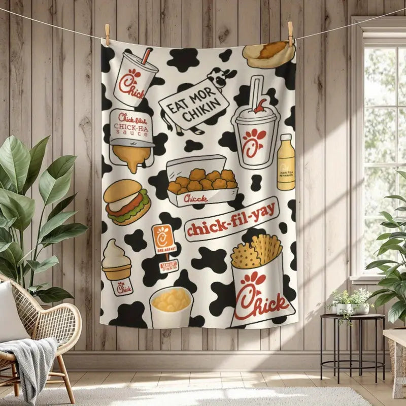 Chick-fil-A Themed Acrylic Throw Blanket - 280GSM Lightweight Durable Breathable All-Season Blanket with Fun Food Theme Pattern, Living Room/Dining Area Accessory, Playful Design