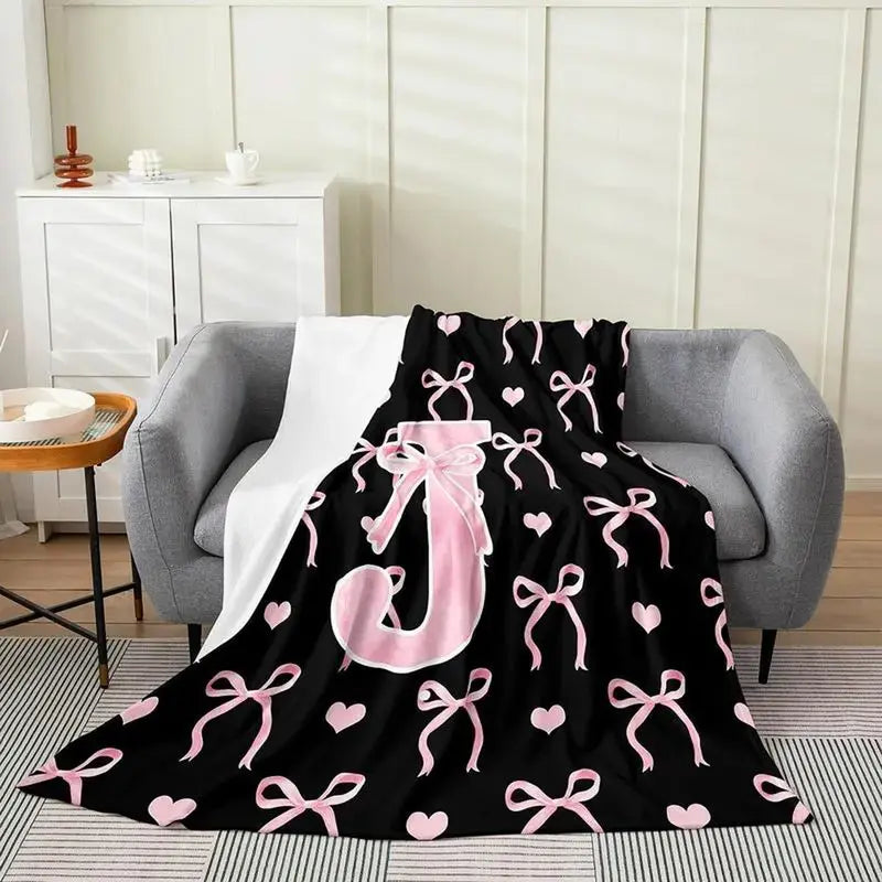 Classic Soft Flannel Throw Blanket - A-Z Initial Alphabet Print, 30x40 to 60x80 in, Black Blush Pink Design, Custom Monogrammed, Soft Texture, Durable All-Season Bedding for Bedroom, Gifts for Women, GF Gift