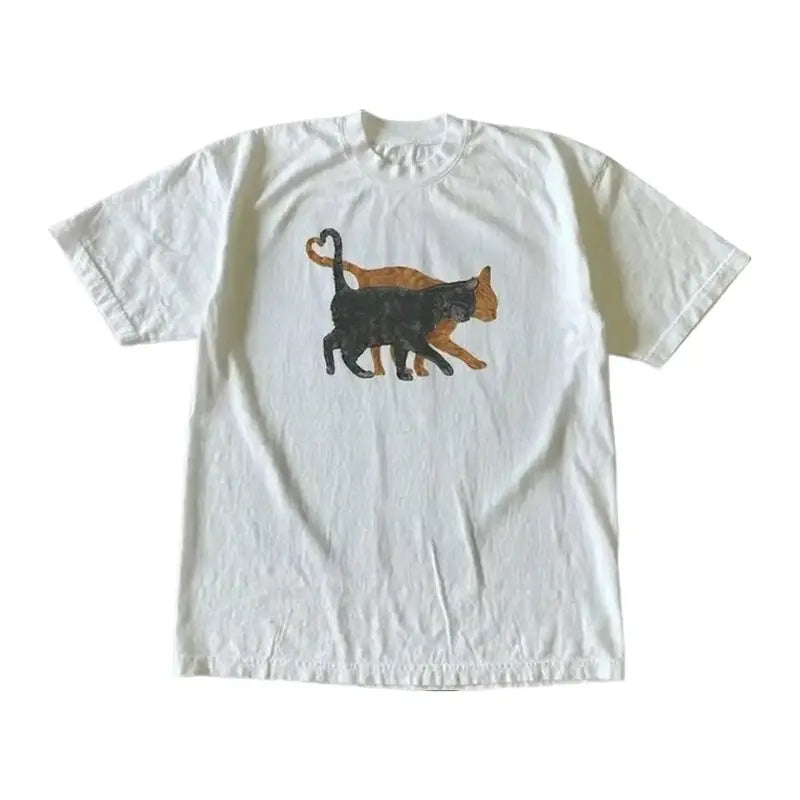 Unisex Vintage Cat Lover Graphic T-Shirt - Short-Sleeve, Round Neck, Customized Top, Gothic Grunge Emo Y2k Amity Affliction Style Streetwear, Gift Option, 2XL