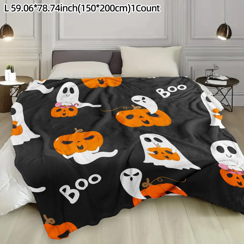Halloween Themed Pumpkin Ghost Pattern Blanket, Slogan Print Blanket, Soft Comfortable Throw Blanket, Cool Bedroom Bedding Blankets, Warm Nap Blanket for Home Office Travel
