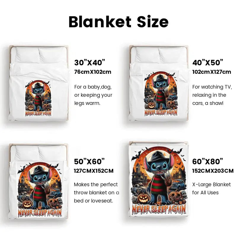 Disney Stitch Halloween Boogeyman Themed Flannel Fleece Blanket - Soft Touch Aesthetic, Animated Character Element, Original Character, Multi-Size, Spooky Cartoon Print, Blankets for Bed, Gift for All Ages, Ideal for Home Use