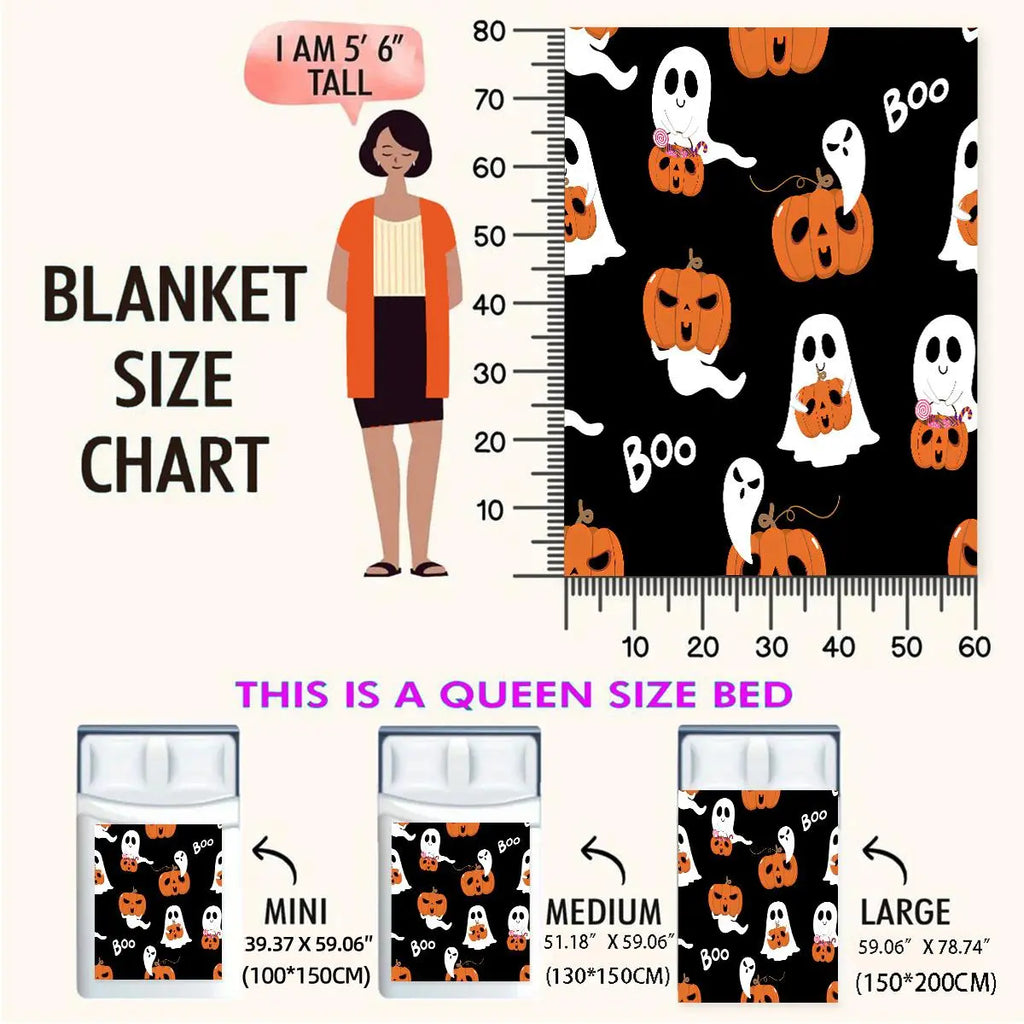 Halloween Themed Pumpkin Ghost Pattern Blanket, Slogan Print Blanket, Soft Comfortable Throw Blanket, Cool Bedroom Bedding Blankets, Warm Nap Blanket for Home Office Travel
